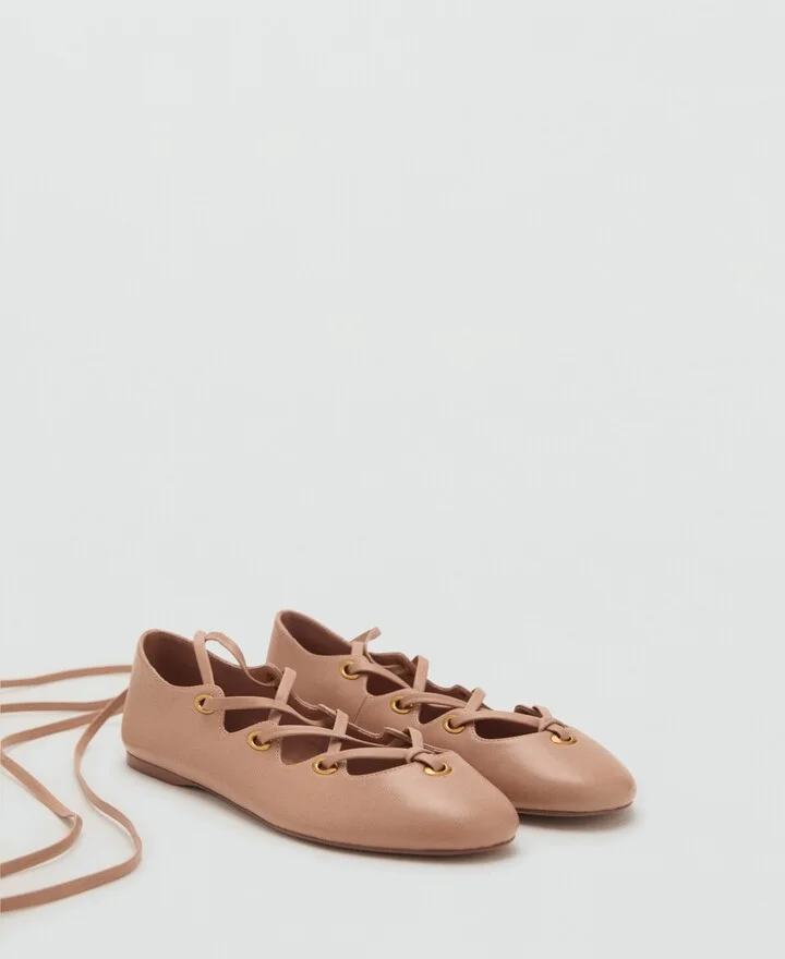 Mango Women's Crossed Straps Leather Ballet Flats