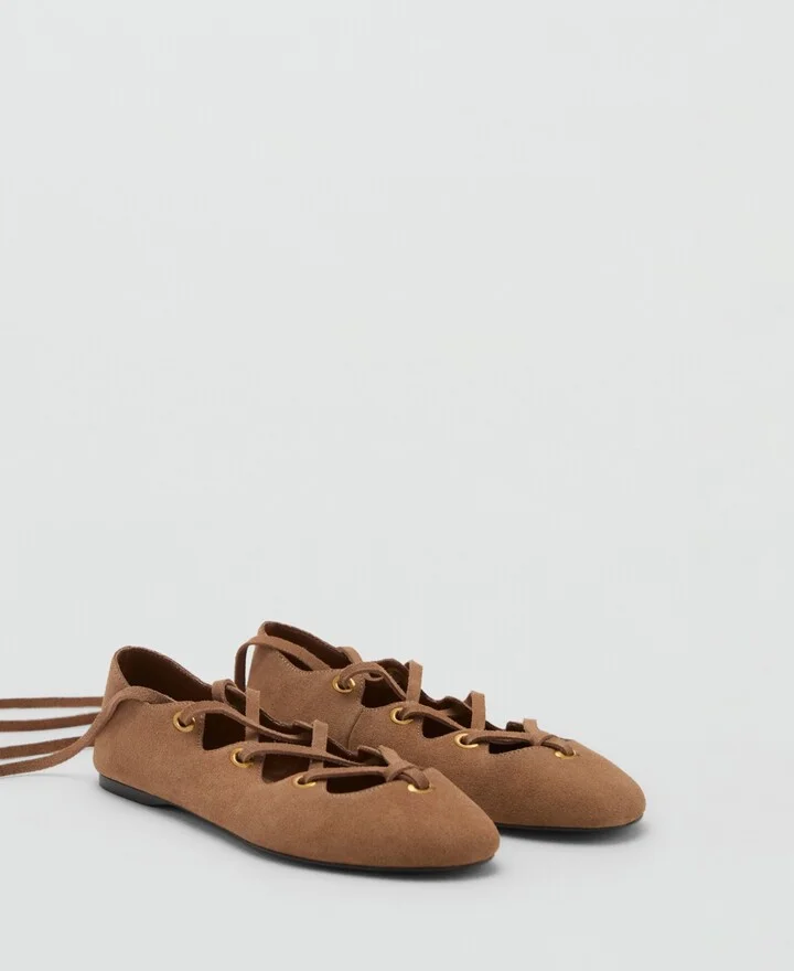 Mango Women's Crossed Straps Suede Ballet Flats - Image 2