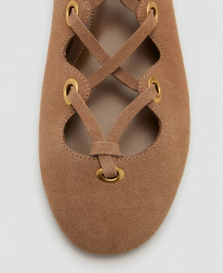 Mango Women's Crossed Straps Suede Ballet Flats - Image 3