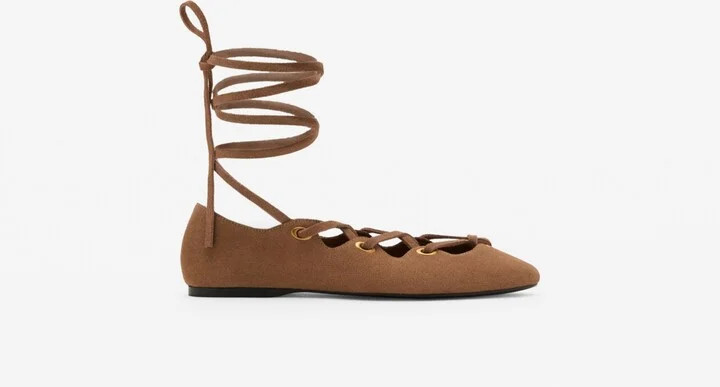 Mango Women's Crossed Straps Suede Ballet Flats