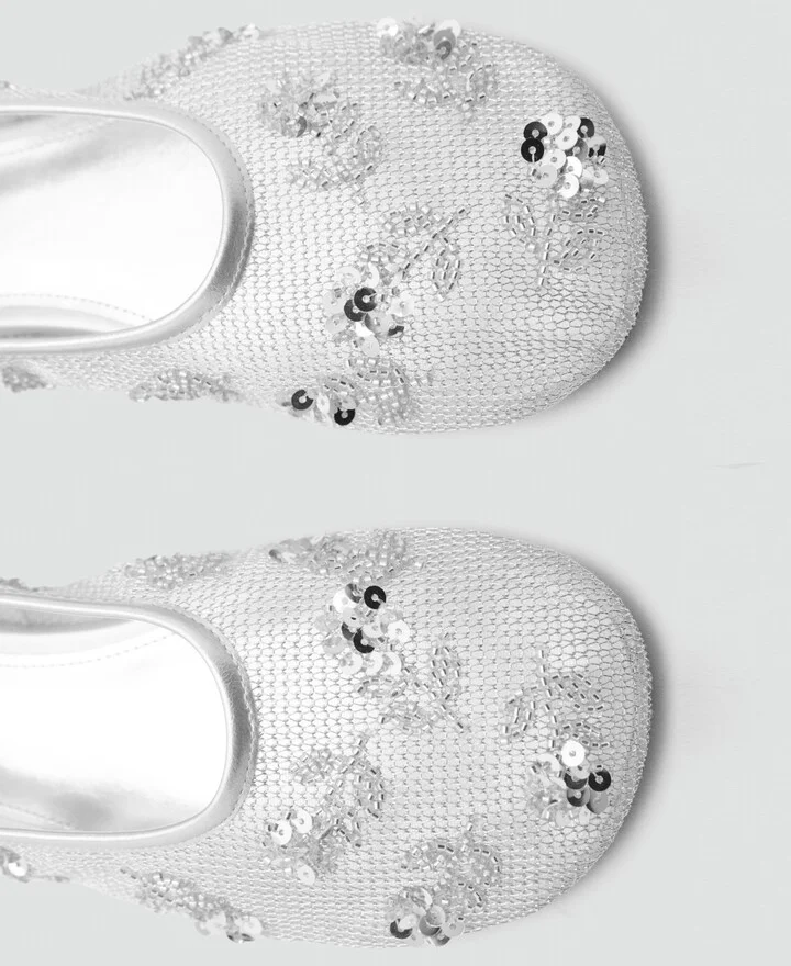 Mango Women's Sequin Embroidered Mesh Ballerinas Shoes - Image 3