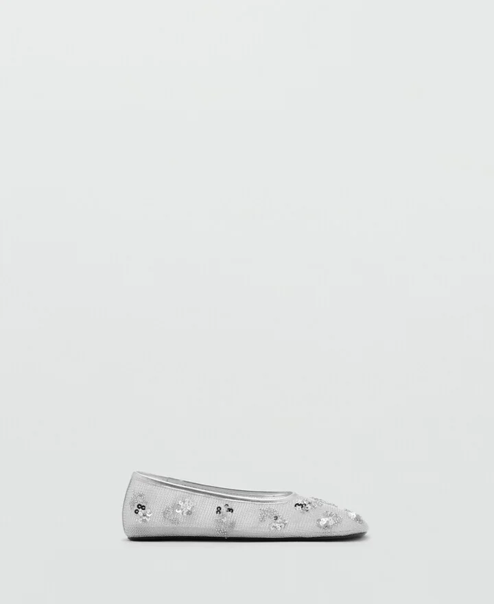 Mango Women's Sequin Embroidered Mesh Ballerinas Shoes - Image 4
