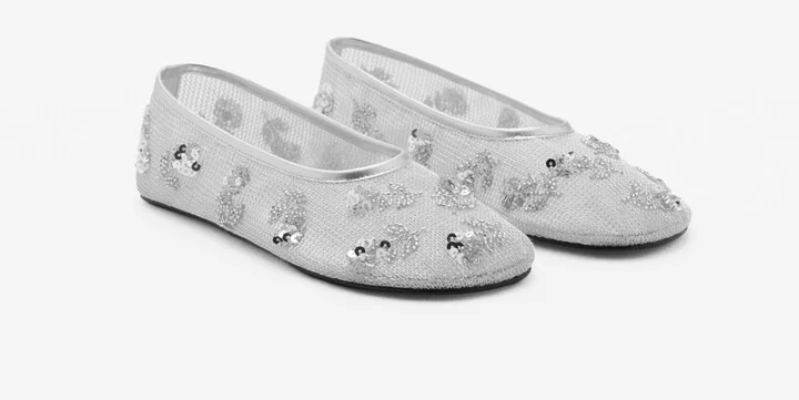 Mango Women's Sequin Embroidered Mesh Ballerinas Shoes