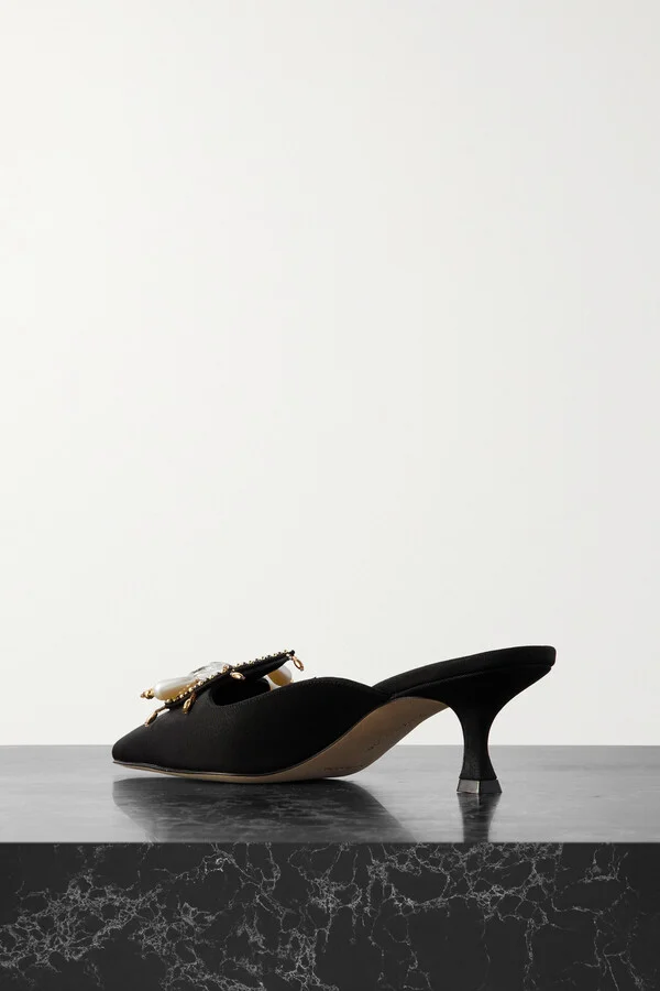 Manolo Blahnik - 50 Embellished Grosgrain Mules - Black - Image 3