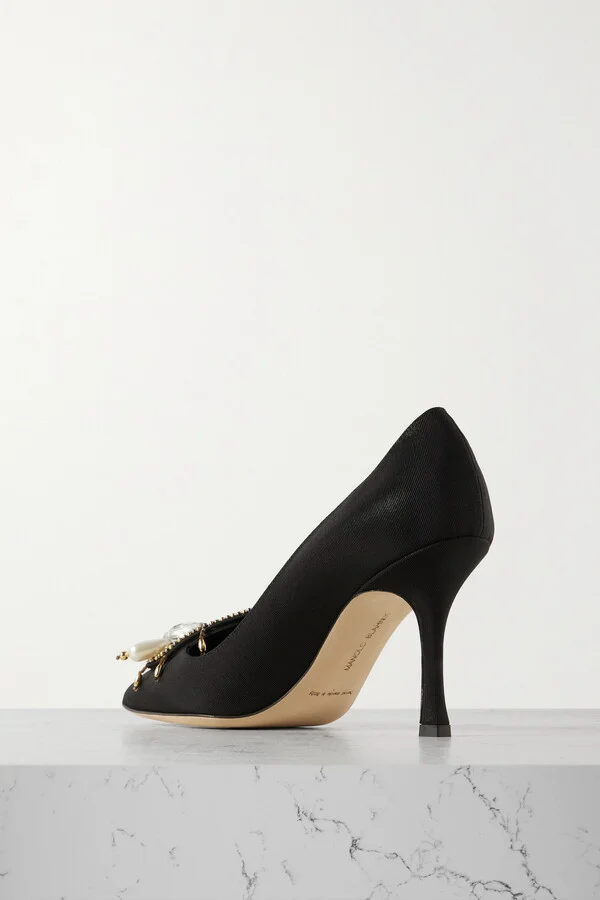 Manolo Blahnik - 90 Embellished Grosgrain Pumps - Black - Image 3