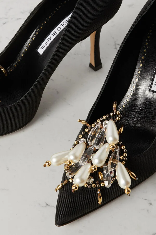 Manolo Blahnik - 90 Embellished Grosgrain Pumps - Black - Image 4