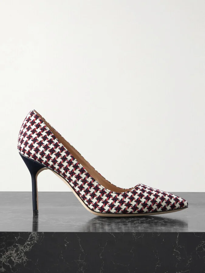 Manolo Blahnik - 90 Leather-trimmed Embroidered Tweed Pumps - White