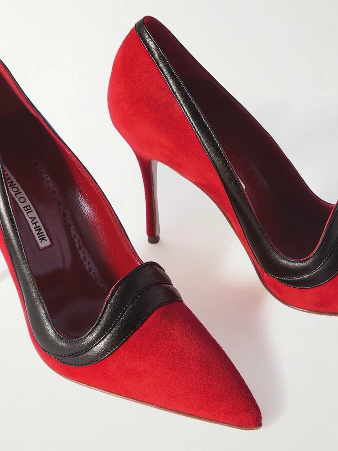 Manolo Blahnik - Ajarafa 105 Leather-trimmed Suede Pumps - Red - Image 4