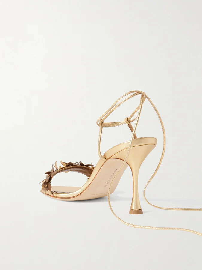 Manolo Blahnik - Anista 90 Appliquéd Metallic Leather Sandals - Gold - Image 3