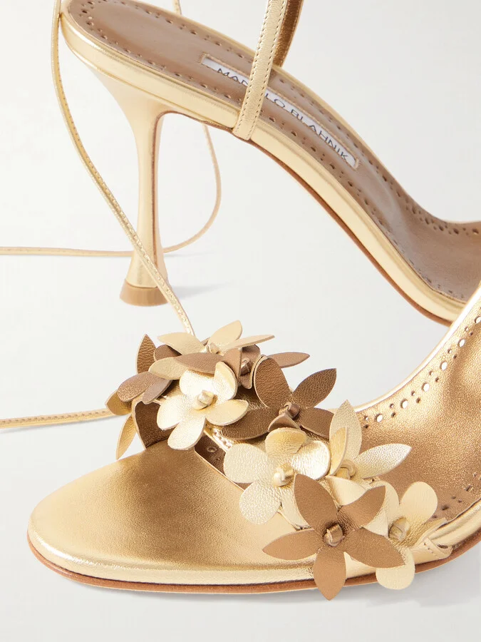 Manolo Blahnik - Anista 90 Appliquéd Metallic Leather Sandals - Gold - Image 4