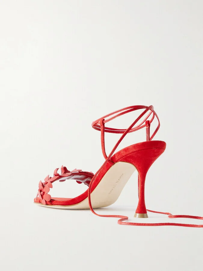 Manolo Blahnik - Anista 90 Leather-trimmed Suede Sandals - Red - Image 3