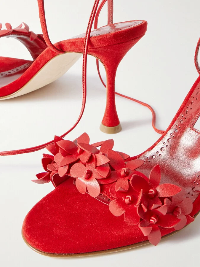 Manolo Blahnik - Anista 90 Leather-trimmed Suede Sandals - Red - Image 4