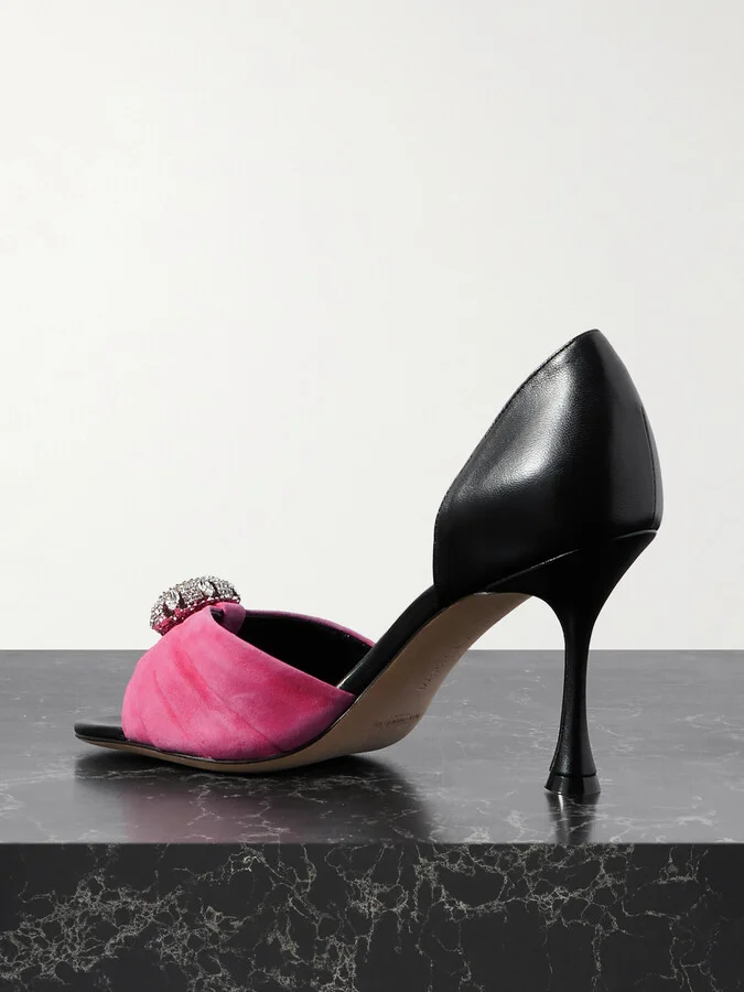Manolo Blahnik - Ansak 90 Crystal-embellished Pleated Suede And Leather Pumps - Black - Image 3