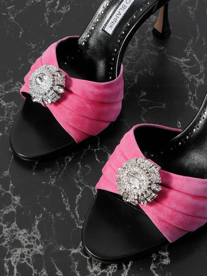 Manolo Blahnik - Ansak 90 Crystal-embellished Pleated Suede And Leather Pumps - Black - Image 4