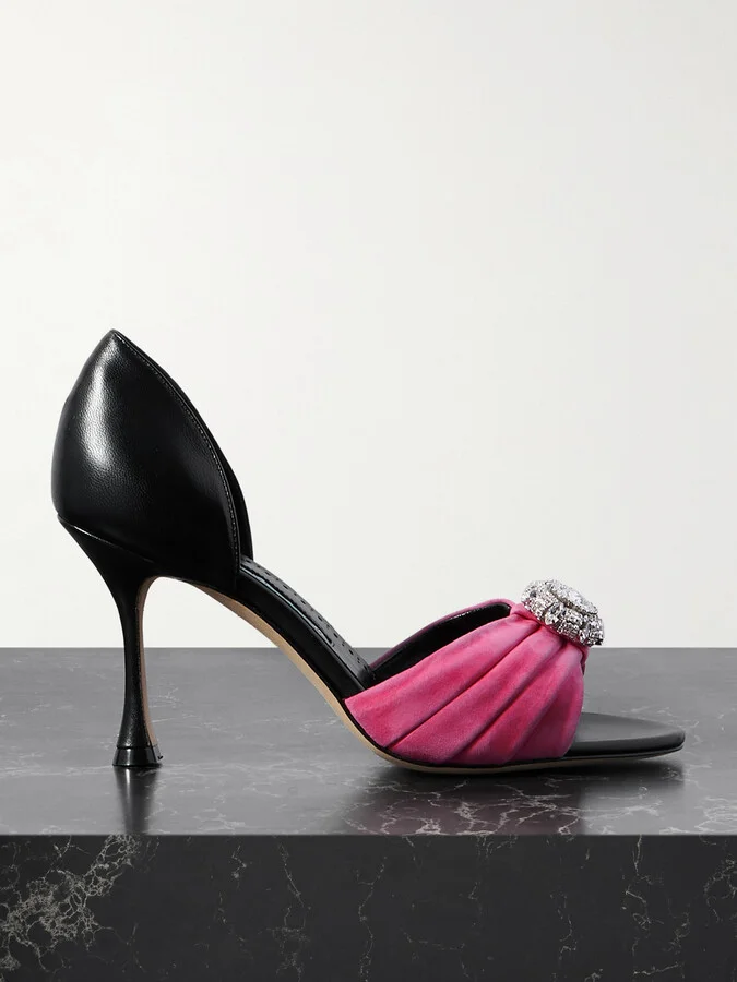 Manolo Blahnik - Ansak 90 Crystal-embellished Pleated Suede And Leather Pumps - Black