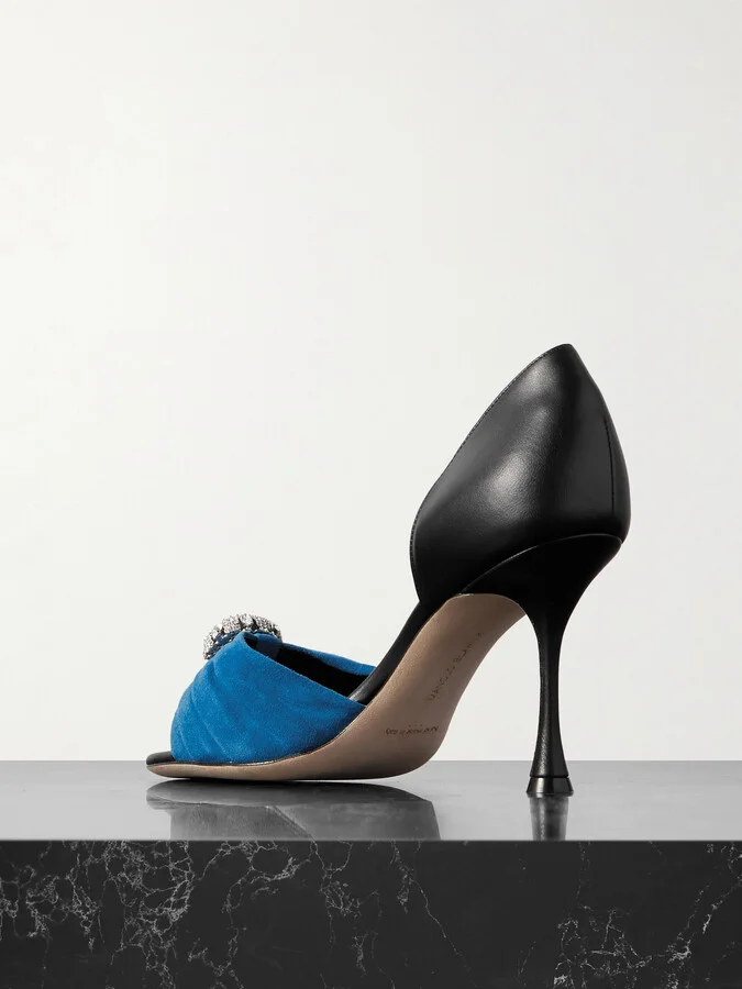 Manolo Blahnik - Ansak 90 Crystal-embellished Pleated Suede And Leather Pumps - Blue - Image 3