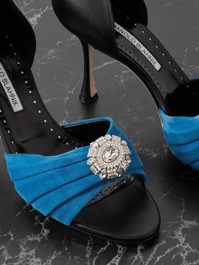 Manolo Blahnik - Ansak 90 Crystal-embellished Pleated Suede And Leather Pumps - Blue - Image 4