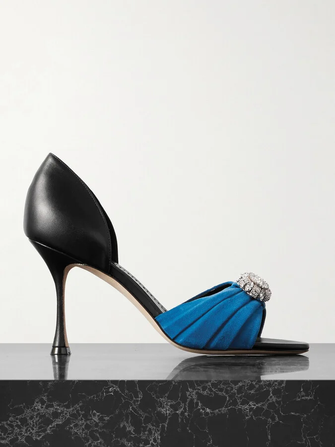 Manolo Blahnik - Ansak 90 Crystal-embellished Pleated Suede And Leather Pumps - Blue