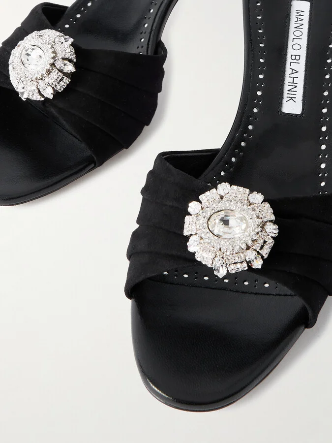 Manolo Blahnik - Ansalko 50 Crystal-embellished Suede Mules - Black - Image 4