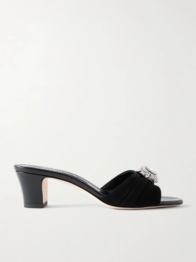 Manolo Blahnik - Ansalko 50 Crystal-embellished Suede Mules - Black