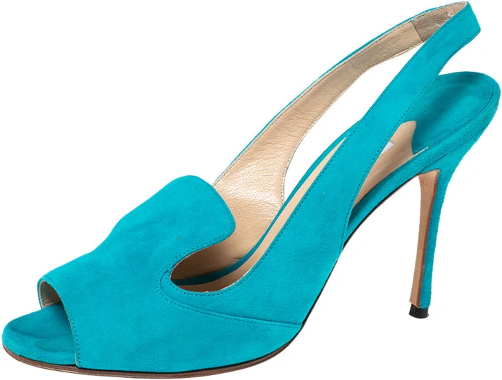 Manolo Blahnik Aqua Blue Suede Slingback Peep-Toe Sandals Size 37