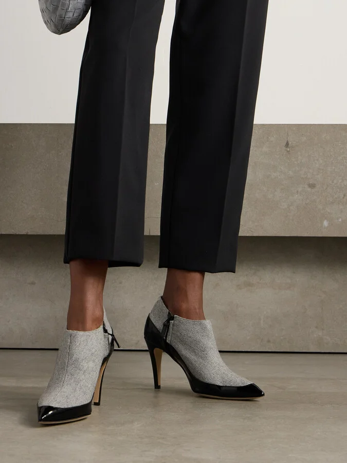 Manolo Blahnik - Archepla 90 Patent-leather Trimmed Wool Point-toe Ankle Boots - Gray - Image 2