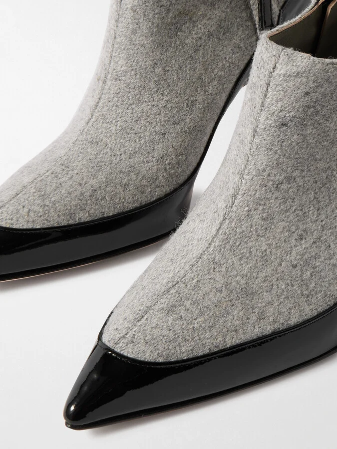 Manolo Blahnik - Archepla 90 Patent-leather Trimmed Wool Point-toe Ankle Boots - Gray - Image 4
