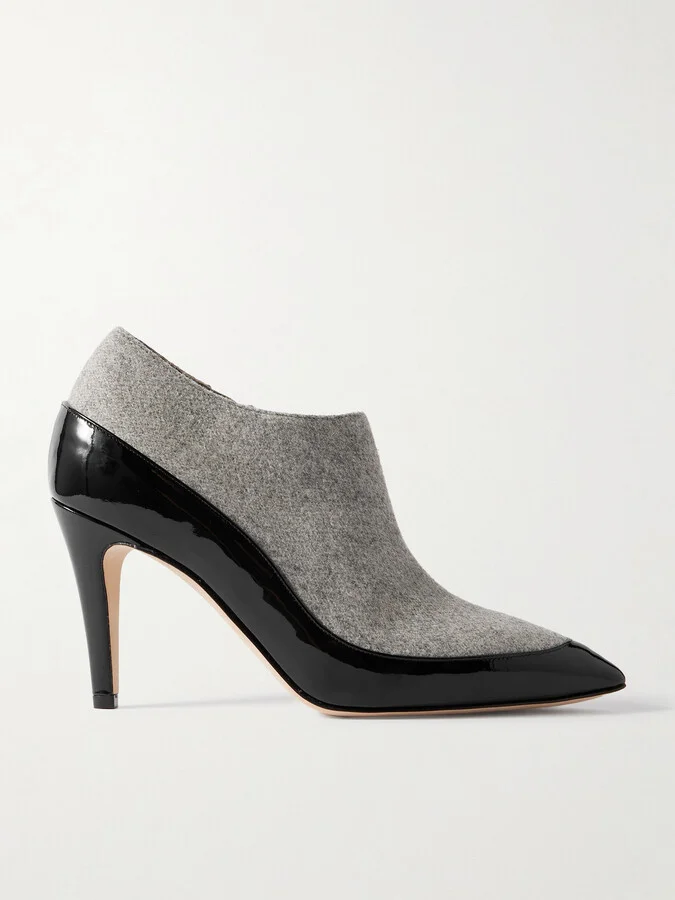 Manolo Blahnik - Archepla 90 Patent-leather Trimmed Wool Point-toe Ankle Boots - Gray