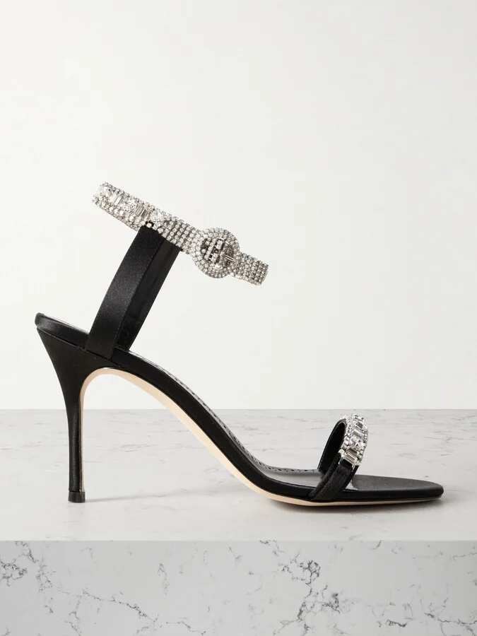 Manolo Blahnik - Asasan 90 Crystal-embellished Satin Sandals - Black