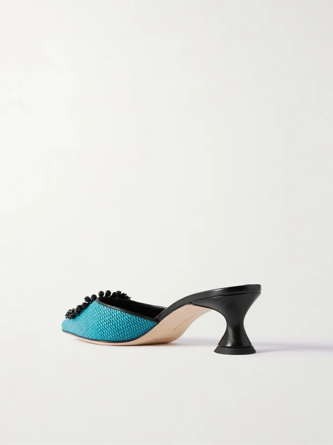 Manolo Blahnik - Atikalo 50 Embellished Leather-trimmed Raffia Point-toe Mules - Blue - Image 3