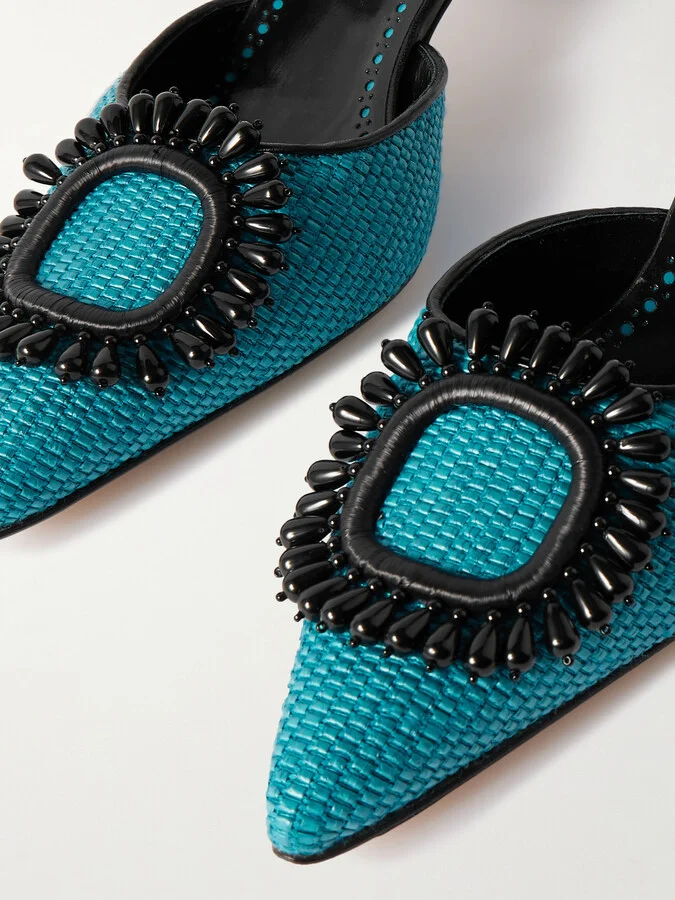 Manolo Blahnik - Atikalo 50 Embellished Leather-trimmed Raffia Point-toe Mules - Blue - Image 4