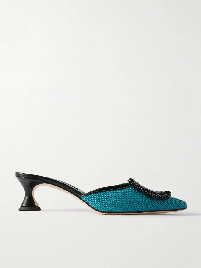 Manolo Blahnik - Atikalo 50 Embellished Leather-trimmed Raffia Point-toe Mules - Blue