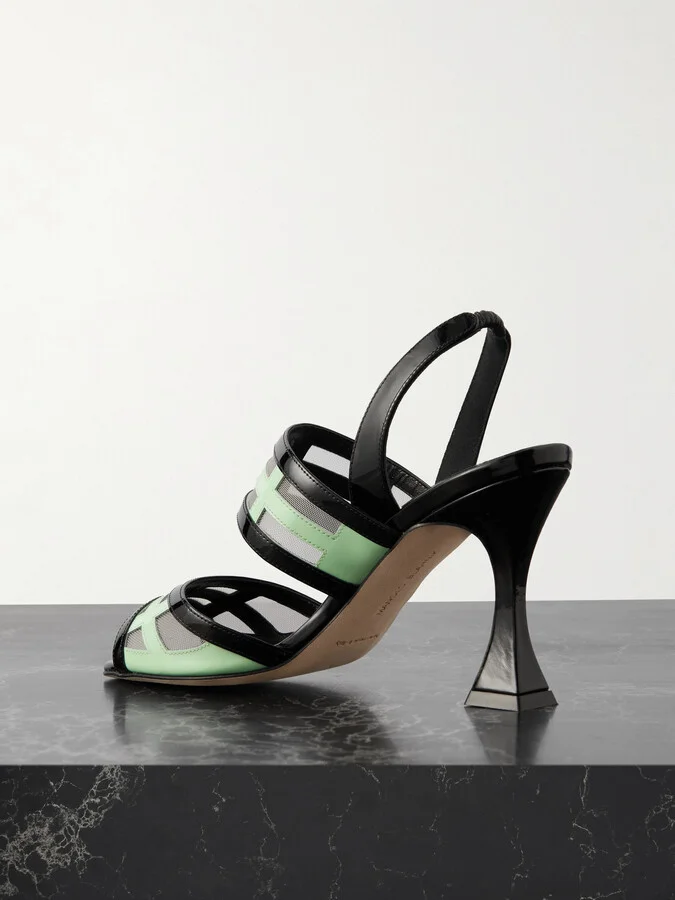 Manolo Blahnik - Avespa 90 Mesh-trimmed Patent-leather Slingback Mules - Black - Image 3