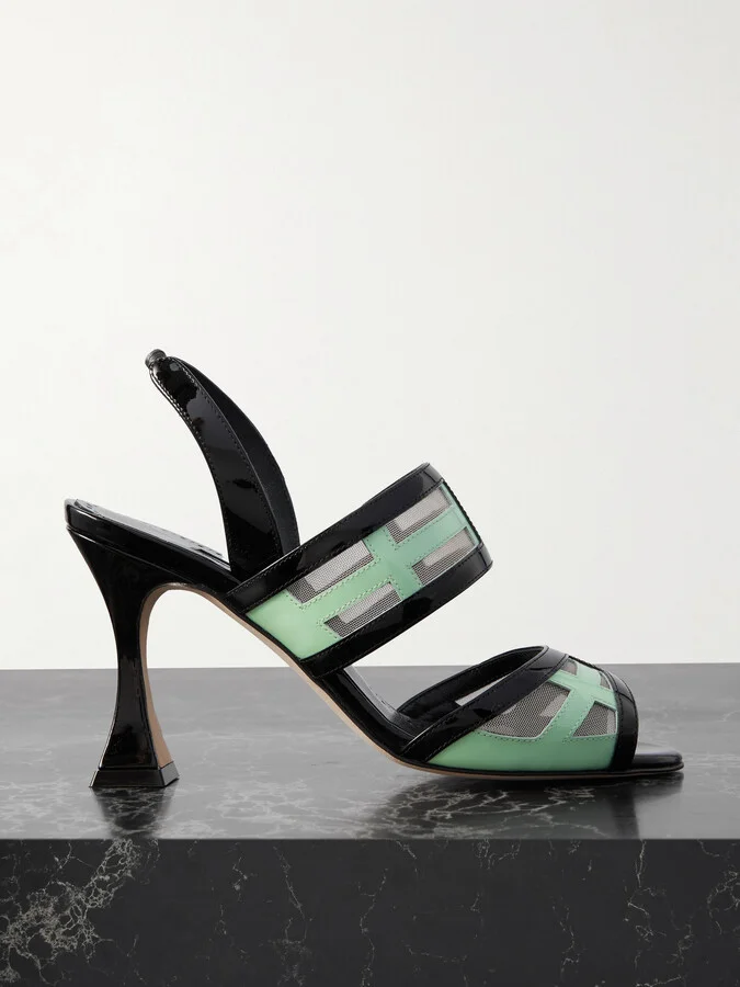 Manolo Blahnik - Avespa 90 Mesh-trimmed Patent-leather Slingback Mules - Black