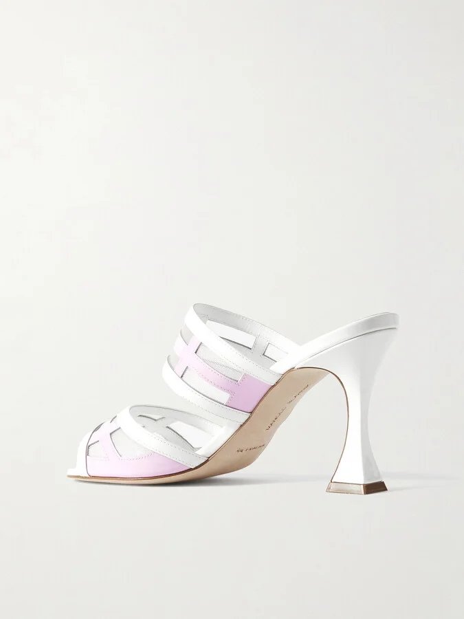 Manolo Blahnik - Avespamu 90 Mesh-trimmed Two-tone Patent-leather Mules - Pink - Image 3