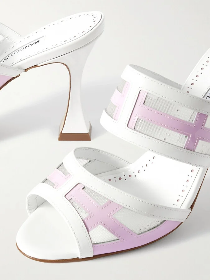 Manolo Blahnik - Avespamu 90 Mesh-trimmed Two-tone Patent-leather Mules - Pink - Image 4