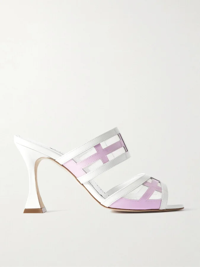 Manolo Blahnik - Avespamu 90 Mesh-trimmed Two-tone Patent-leather Mules - Pink