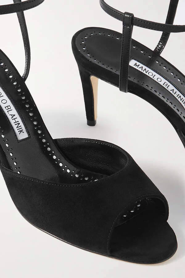Manolo Blahnik - Bacardu 70 Leather-trimmed Suede Sandals - Black - Image 4
