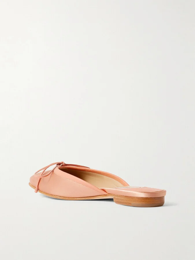 Manolo Blahnik - Ballerimu Bow-detailed Leather-trimmed Satin Mules - Neutrals - Image 3