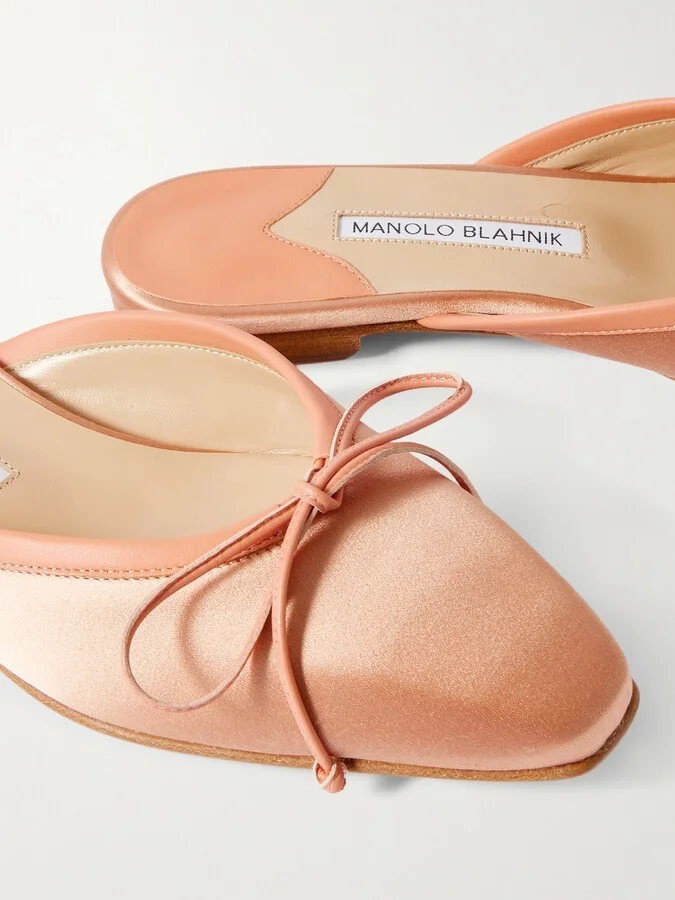 Manolo Blahnik - Ballerimu Bow-detailed Leather-trimmed Satin Mules - Neutrals - Image 4