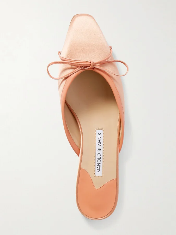 Manolo Blahnik - Ballerimu Bow-detailed Leather-trimmed Satin Mules - Neutrals - Image 5