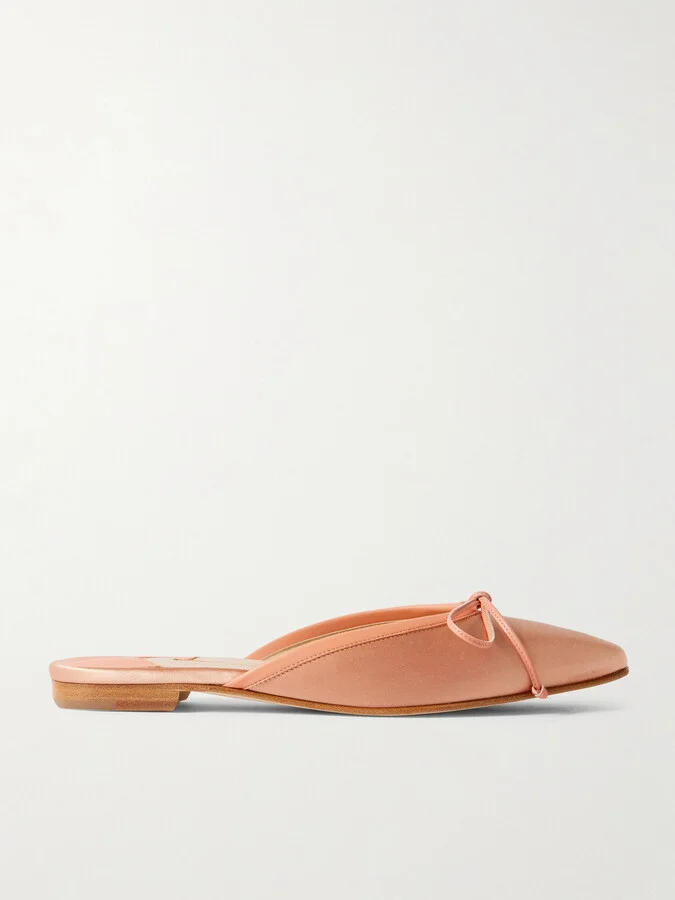 Manolo Blahnik - Ballerimu Bow-detailed Leather-trimmed Satin Mules - Neutrals