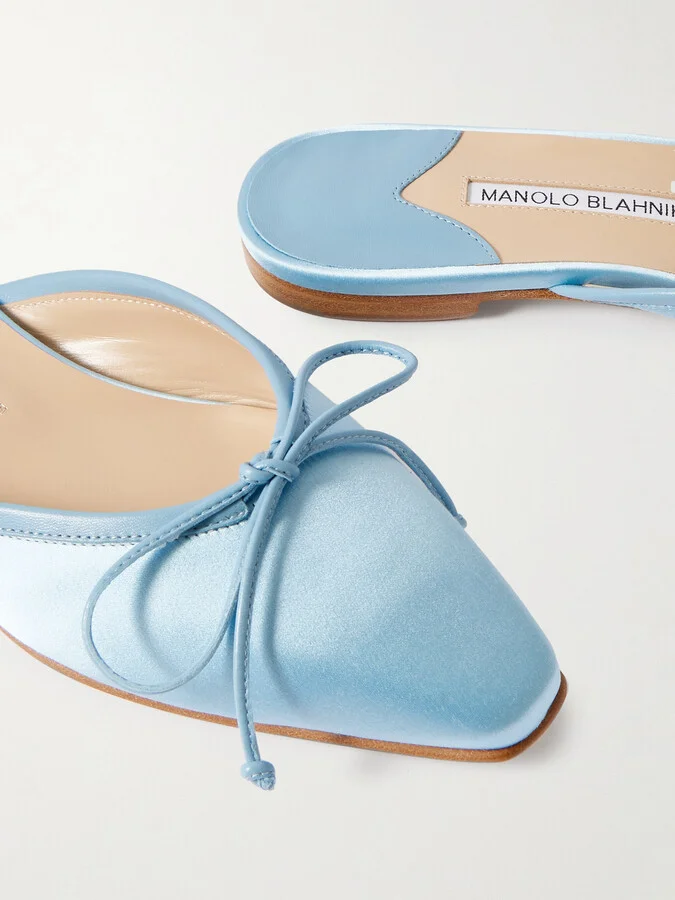 Manolo Blahnik - Ballerimu Bow-detailed Satin Mules - Blue - Image 4