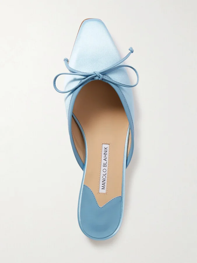 Manolo Blahnik - Ballerimu Bow-detailed Satin Mules - Blue - Image 5