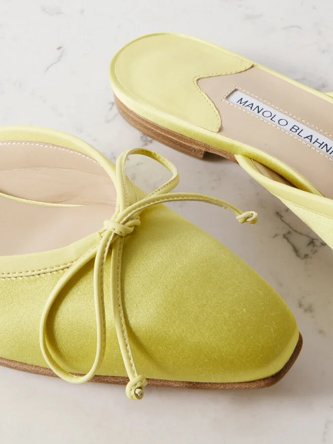 Manolo Blahnik - Ballerimu Bow-detailed Satin Mules - Green - Image 4