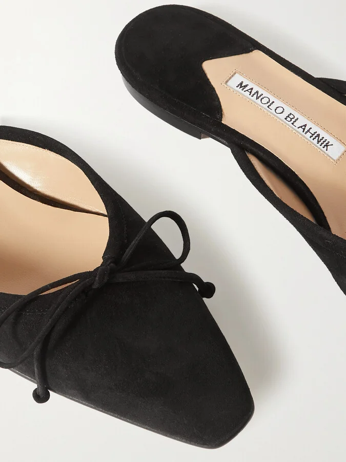 Manolo Blahnik - Ballerimu Bow-detailed Suede Mules - Black - Image 4