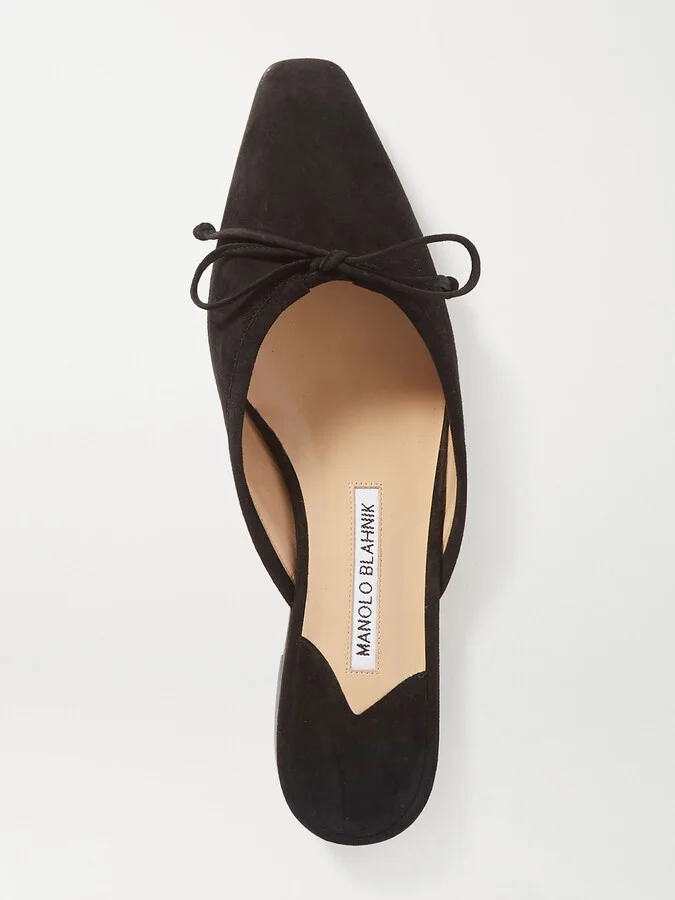 Manolo Blahnik - Ballerimu Bow-detailed Suede Mules - Black - Image 5
