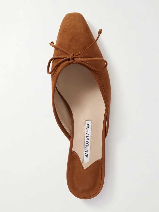 Manolo Blahnik - Ballerimu Bow-detailed Suede Mules - Brown - Image 5