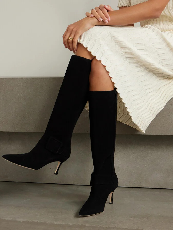 Manolo Blahnik - Bayhi 70 Buckle-embellished Suede Knee Boots - Black - Image 2