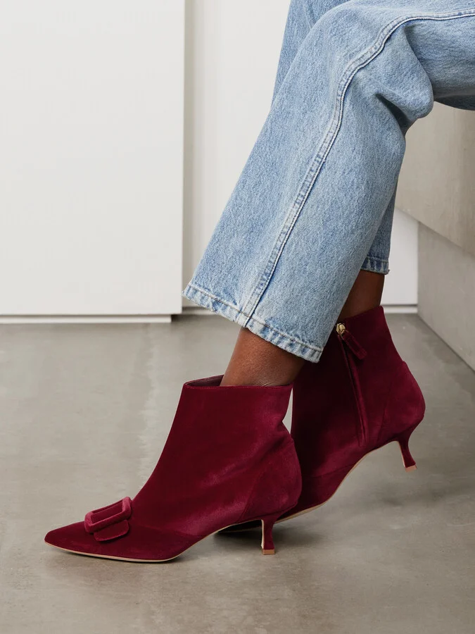 Manolo Blahnik - Baylow 50 Buckled Velvet Ankle Boots - Red - Image 2